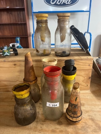 Large Lot of Assorted Collectable Oil Cans with Plastic Spouts - castrol, bp,