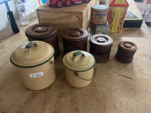 Wooden and Enamel Ascending Kitchen Cannisters