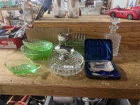Large Lot of Decorative Green Glass, Clear and Silverware