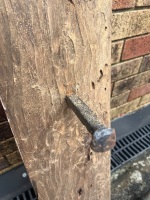 Solid Timber Board with Railway Spikes and Termite Markings - 2