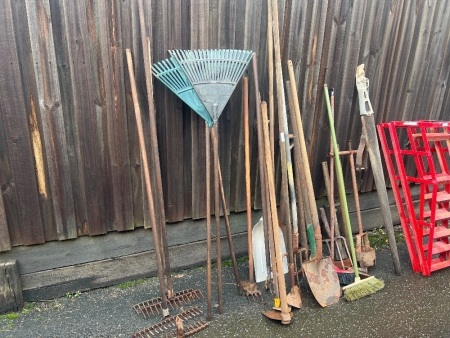 Yard Tools Lot Including Rakes Shovels and Post Puller
