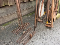 Yard Tools Lot Including Rakes Shovels and Post Puller - 2