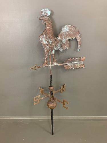 Large Pressed Copper & Brass Cock Weather Vane on Iron Stand