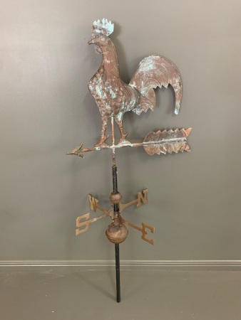 Large Pressed Copper & Brass Cock Weather Vane on Iron Stand