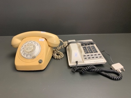 Vintage Cream Retro Dial Phone + Push Button Desk Phone