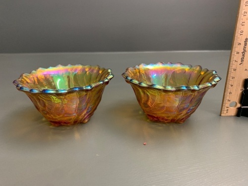 Pair of Marigold Carnival Glass Candle Holders with Oak Leaf Design