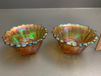 Pair of Marigold Carnival Glass Candle Holders with Oak Leaf Design - 2