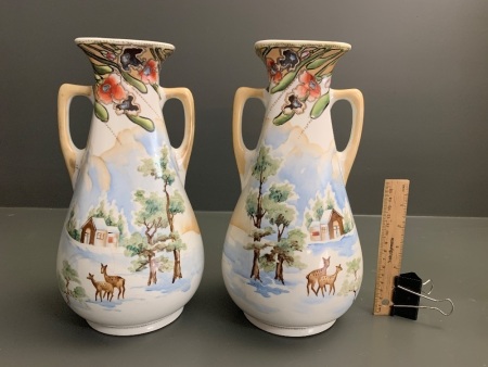 Pair of Early Royal Nippon Snow Scene Vases