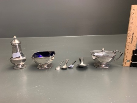 Art Deco Design Sterling Silver Cruet inc. Salt, Pepper Pot, Mustard (No Blue Liner) + 4 Asstd Sterling Silver Spoons