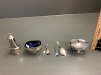 Art Deco Design Sterling Silver Cruet inc. Salt, Pepper Pot, Mustard (No Blue Liner) + 4 Asstd Sterling Silver Spoons - 3