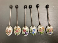 Set of 6 Vintage English Sterling Silver Enamelled Coffee Spoons