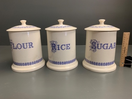 3 Large 1970's Ceramic Kitchen Cannisters - Rice - Flour - Sugar