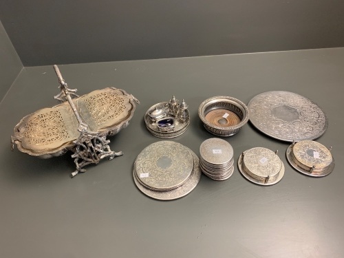 Asstd Lot of Silver Plate inc. Placemats, Coasters, Cruet Set, Shell Server Etc