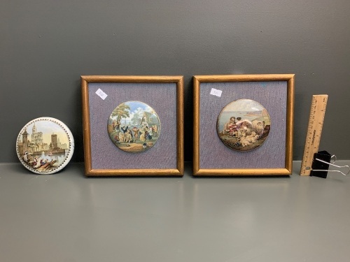 Collection of 3 Antique Ceramic Pot Lids - 2 Framed