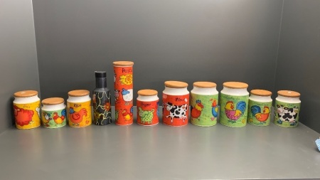 Asstd Lot of 10 Dunoon Pottery Funky Farm Kitchen Cannisters + Italian Vase