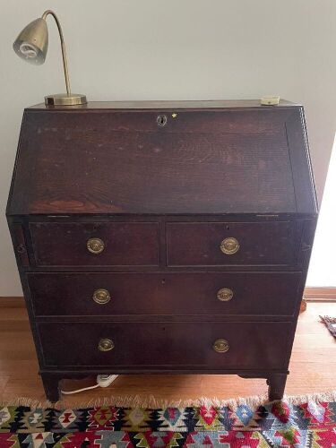 Georgian Oak Fold Down Writing Bureau with Fitted Inside + 4 Drawers Underneath on Bracket Feet