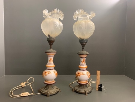 Pair of Vintage Cast Metal & Pottery Lamps with Frilly Glass Shades