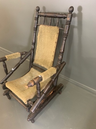 Antique Ebonised Bobbin Turned Timber Sprung Rocking Chair