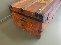 Antique Tin Covered Timber Dutch Steamer Trunk with Original Locks, Banding Etc - 2