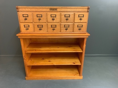 Vintage Oak 10 Drawer Solicitors Card File Cabinet from Wabash Cabinet Company with Custom Made Shelf Unit Under