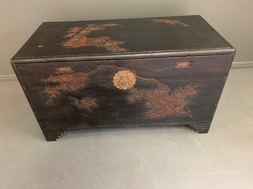 Antique Chinese Camphor Wood Sea Chest Carved with Storks