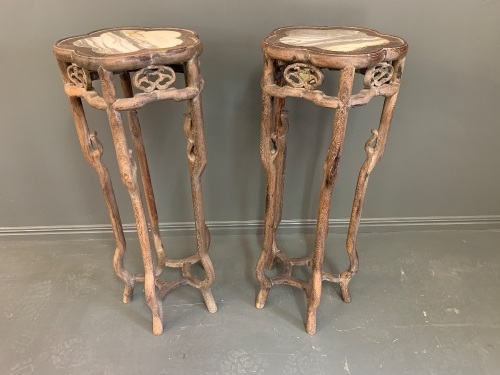 Pair of Very Rare and Collectable Chinese Chicken Wing Wood Urn/Incense Stands with Marble Inserts