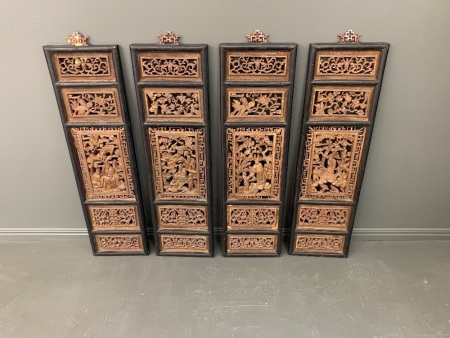 Set of 4 Ancient Intricately Carved, Painted and Gilded Panels Depicting the 4 Seasons