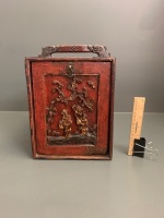 Antique Chinese Wooden Jewellery Box with Carved Pull Out Door Revealing 3 Drawers and Original Brass Fittings -App. 215mm x 280mm x 300mm