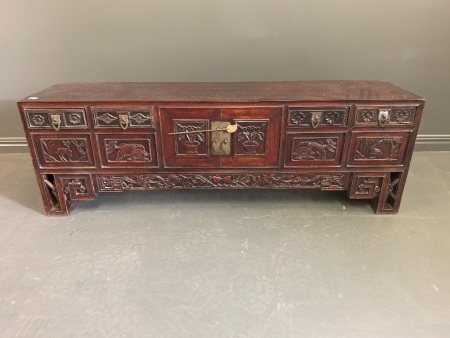 Intricately Carved Antique Korean Long Chest with 2 Hidden Drawers