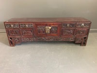 Intricately Carved Antique Korean Long Chest with 2 Hidden Drawers