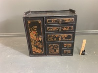 Antique Chinese Hand Decorated Timber Jewellery Cabinet - Single Door and 6 Drawers