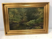 Antique Framed Danish Oil on Canvas River Scene - Signed - As Is