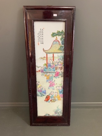 Vintage Chinese Framed Hand Painted Ceramic Tile -As Is