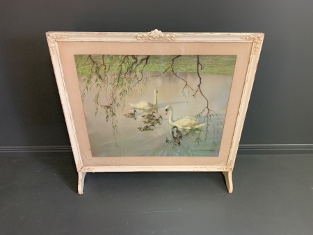 Vintage Timber & Gesso Fire Screen with Mid Century Vernon Ward Swans Print