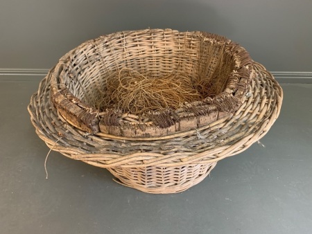 Large Antique English Fishing Basket with Hundreds of Strung Hooks in Cork Around Edge with Lines Coiled into Basket