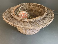 Large Antique English Wicker Fishing Basket inc. Net and Modern Float in Net