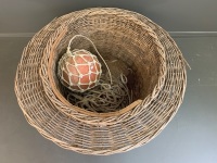 Large Antique English Wicker Fishing Basket inc. Net and Modern Float in Net - 4