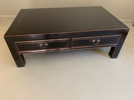 Chinese Black Lacquer Coffee Table with 2 Way Drawers