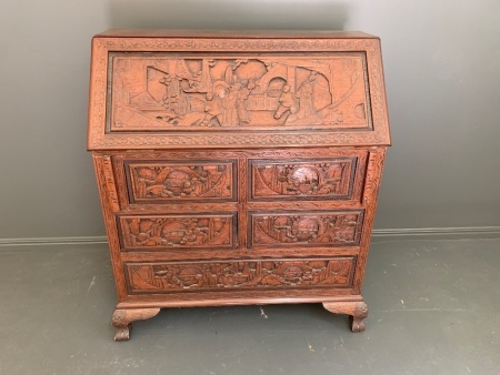 Heavily Carved Asian Drop Flap Writing Desk