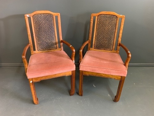 Pair of Upholstered Van Treight Elbow Chairs with Split Cane Backs