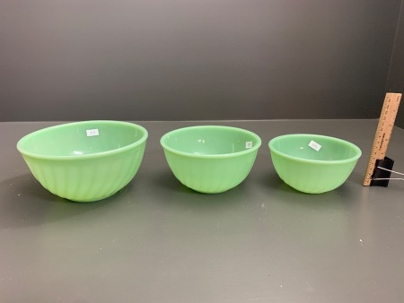 Set of 3 Green Glass Fire King USA Kitchen Bowls