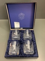 4 Stuart Crystal Whisky Tumblers Etched with Golfer Motif in Original Lined Box