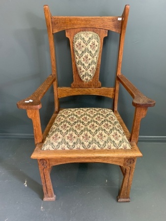 Arts & Crafts Oak Carver Chair with Carving to Legs + Upholstered Seat