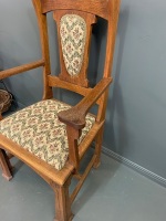 Arts & Crafts Oak Carver Chair with Carving to Legs + Upholstered Seat - 2