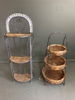 3 Tier Iron and Cane Folding Shelves with Ceramic Tiles + 3 Tier Iron & Wicker Basket Stand