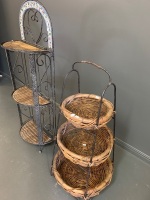 3 Tier Iron and Cane Folding Shelves with Ceramic Tiles + 3 Tier Iron & Wicker Basket Stand - 2