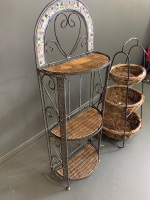 3 Tier Iron and Cane Folding Shelves with Ceramic Tiles + 3 Tier Iron & Wicker Basket Stand - 3