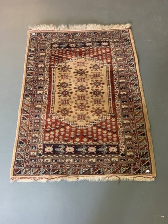 Vintage Hand Knotted Persian Wool Rug in Red Ochre and Light Blue