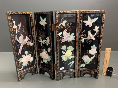 4 Part Black Lacquerware Tabletop Screen with Shell Bird Decoration