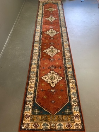 Vintage Hand Knotted Wool Persian Runner - Red Ochre with Peacock Blue & Cream Motifs